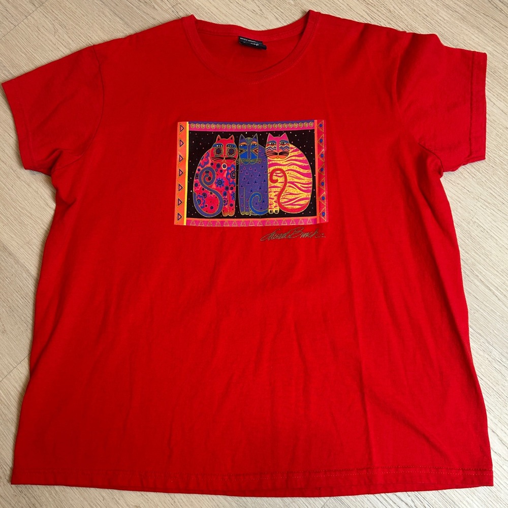 Laurel Burch Artistic Apparel Red Cat Graphic T-Shirt Vintage Style Womens XL